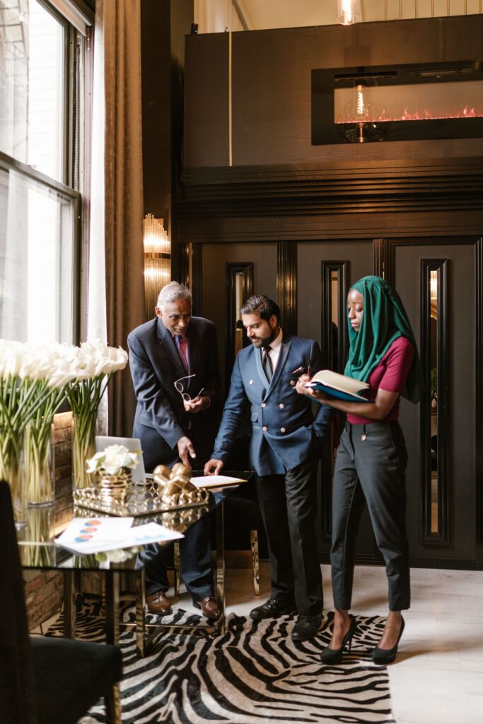 Professionals collaborating in a modern office